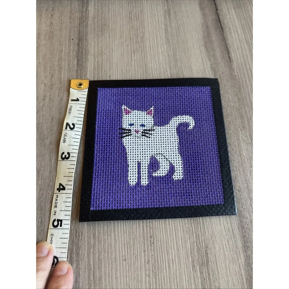 Handpainted Needlepoint cross stitch Canvas Purple White Cat 13 Mesh 4.5